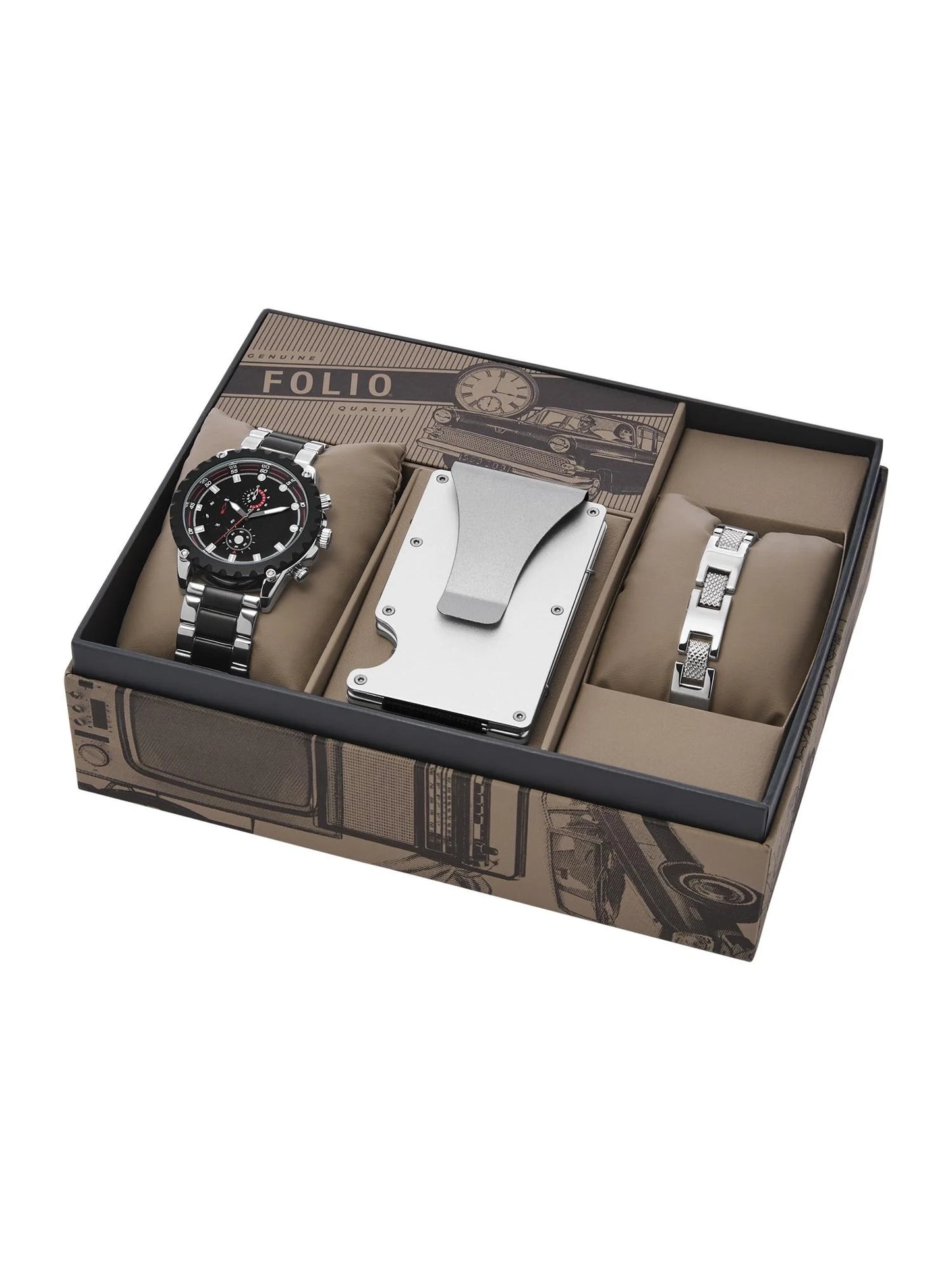 Men'S Watch Gift Set; Two-Tone Silver and Black Bracelet Watch, Black Dial with Silver Tone Card Case and Silver Tone Textured Bracelet (FMDAL1215)
