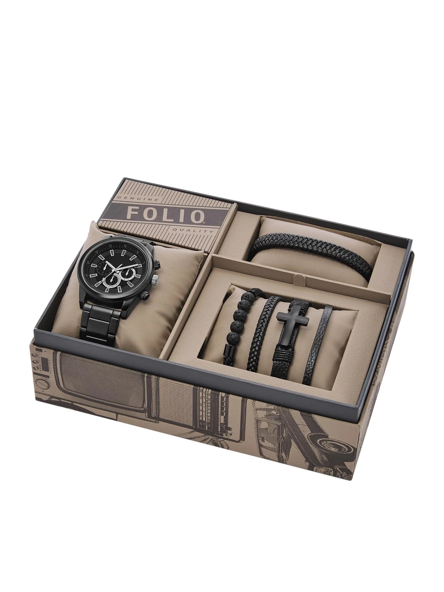 Men'S Watch Gift Set: Matte Black Bracelet Watch with 5 Stackable Bracelets (FMDAL1207)