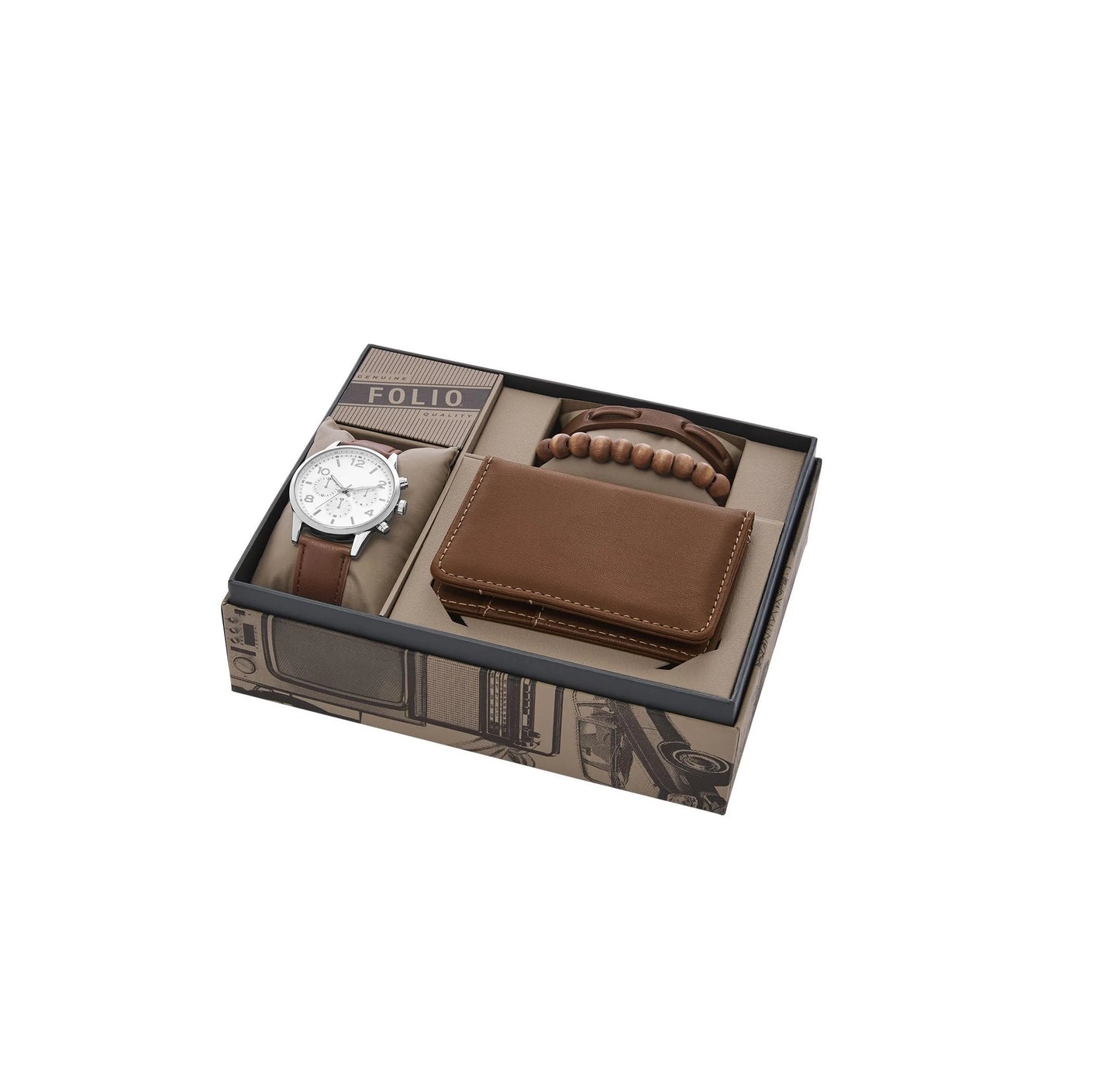 Men'S Watch Gift Set; Silver Tone round Case, Silver White Sunray Dial, Brown Faux Leather Strap with Faux Leather Card Case and Bracelets (FMDAL1210)