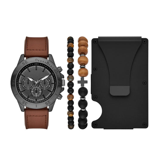 Men'S Watch Gift Set; Gunmetal Tone round Case and Dial, Brown Faux Leather Strap with Black Wallet and 2 Beaded Bracelets (FMDAL1208)
