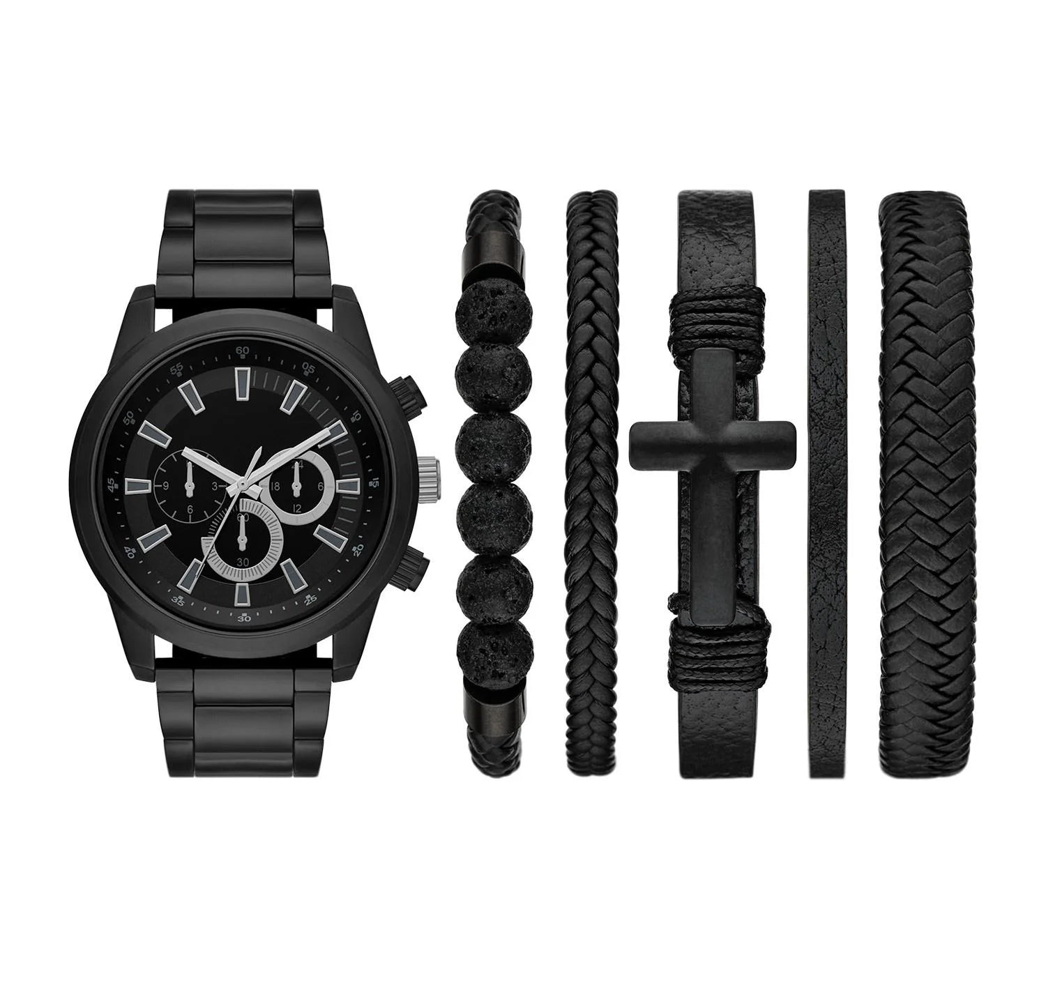 Men'S Watch Gift Set: Matte Black Bracelet Watch with 5 Stackable Bracelets (FMDAL1207)