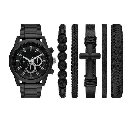 Men'S Watch Gift Set: Matte Black Bracelet Watch with 5 Stackable Bracelets (FMDAL1207)
