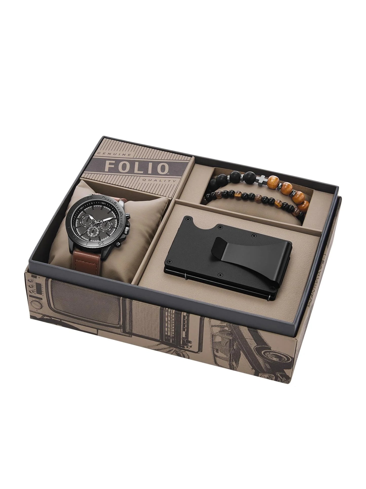 Men'S Watch Gift Set; Gunmetal Tone round Case and Dial, Brown Faux Leather Strap with Black Wallet and 2 Beaded Bracelets (FMDAL1208)