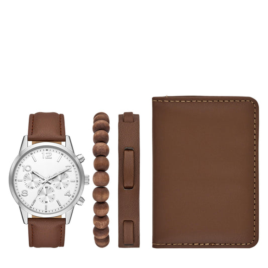 Men'S Watch Gift Set; Silver Tone round Case, Silver White Sunray Dial, Brown Faux Leather Strap with Faux Leather Card Case and Bracelets (FMDAL1210)